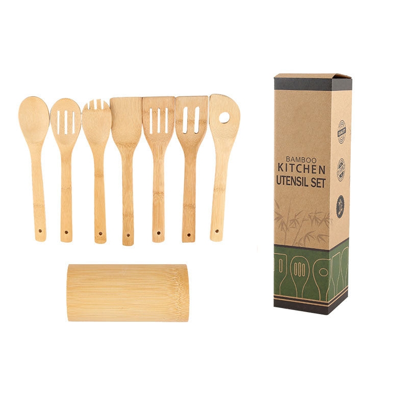 Eco-friendly kitchen utensils with ergonomic handles and a square holder