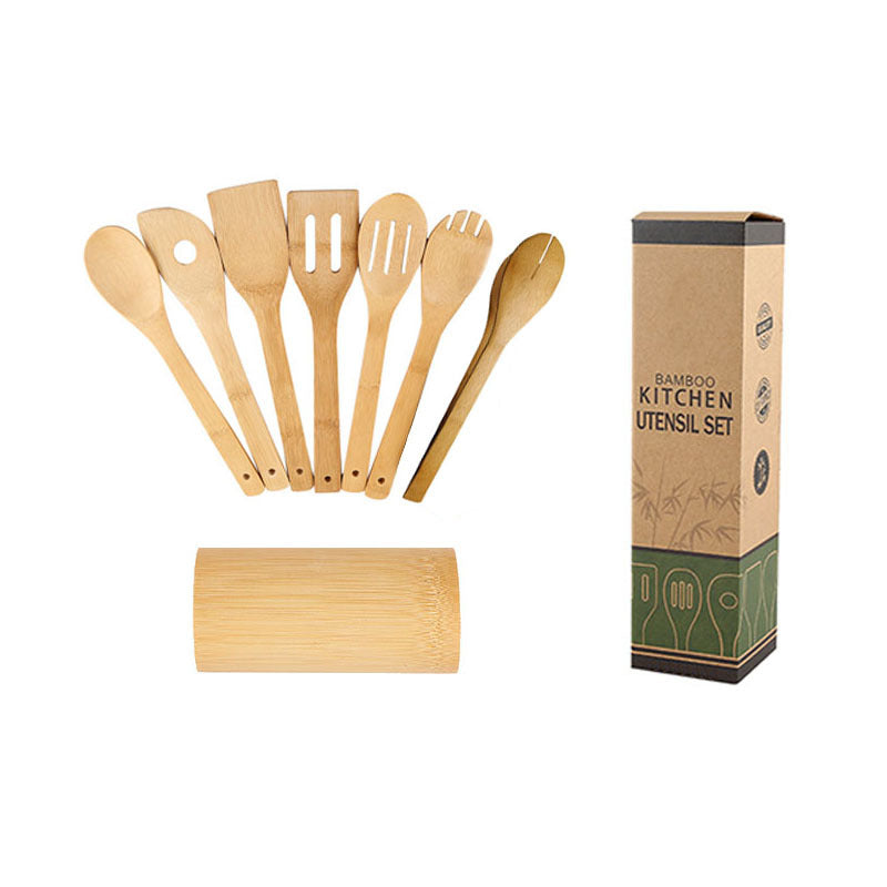 Eco-friendly kitchen utensils with ergonomic handles and a square holder