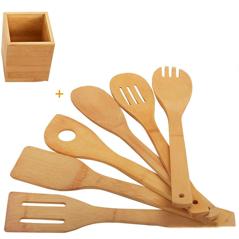 Eco-friendly kitchen utensils with ergonomic handles and a square holder