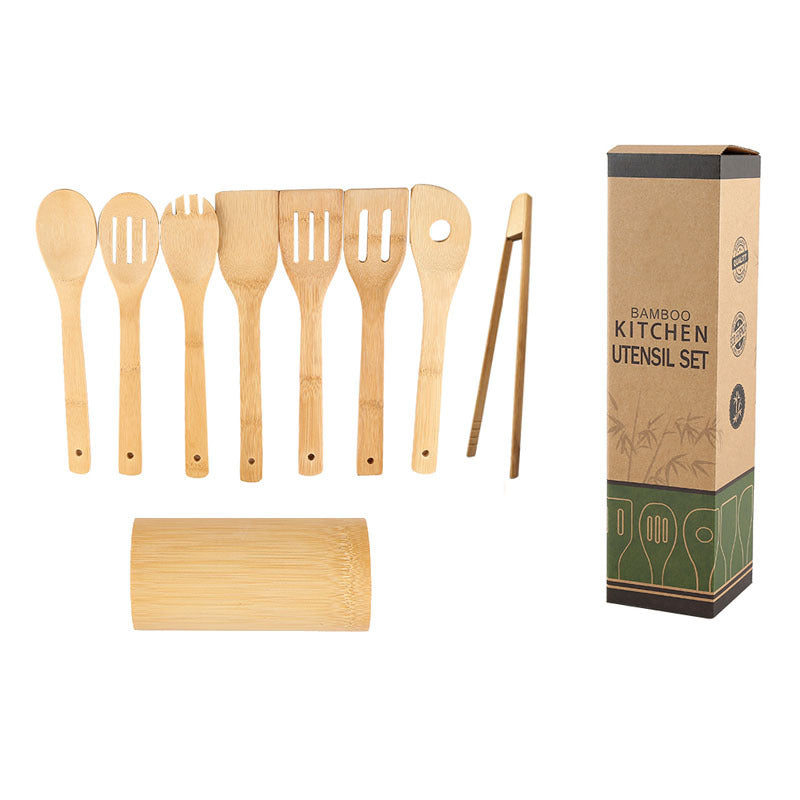 Eco-friendly kitchen utensils with ergonomic handles and a square holder